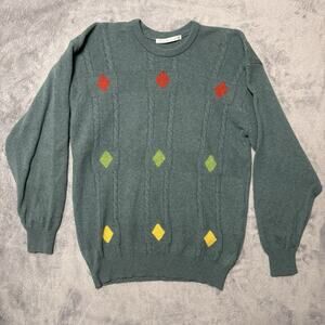 Lyle & Scott Made in Scotland Wool Sweater Green Cable Knit Diamond Pattern Sz S